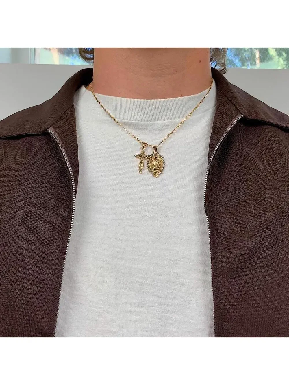Stainless steel Vintage y2k style gold diamond Cross Saint Marry pendant